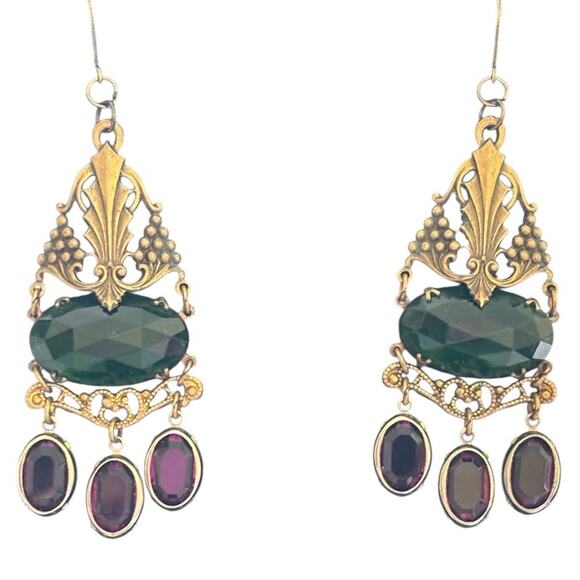 Sadie Green Art Nouveau Revival Bronze & Purple Green Glass Necklace Earring Set - Picture 9 of 9